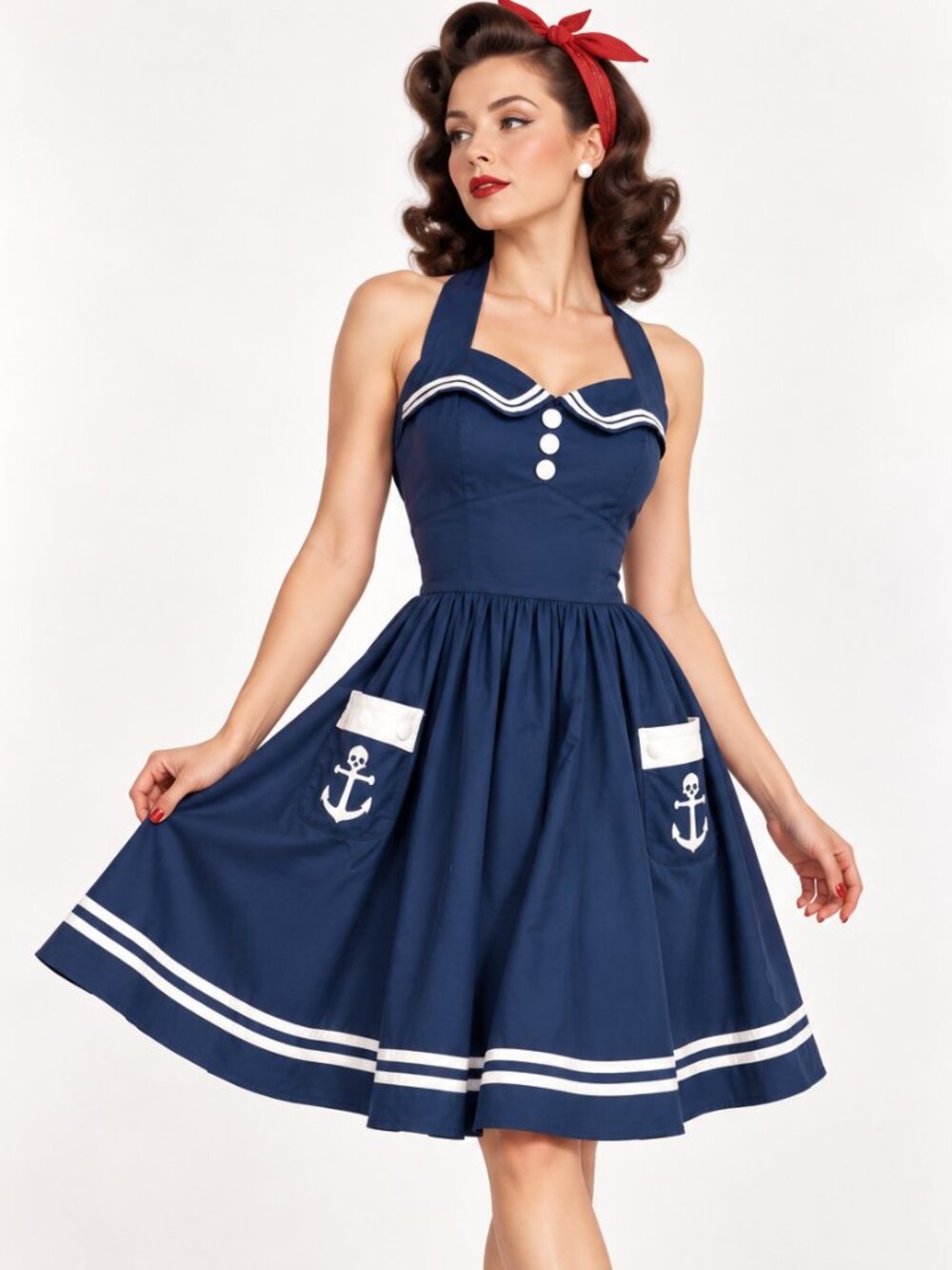 HELL Bunny Vixen Sailor Halter Dress Rockabilly Retro Navy Blue Large
